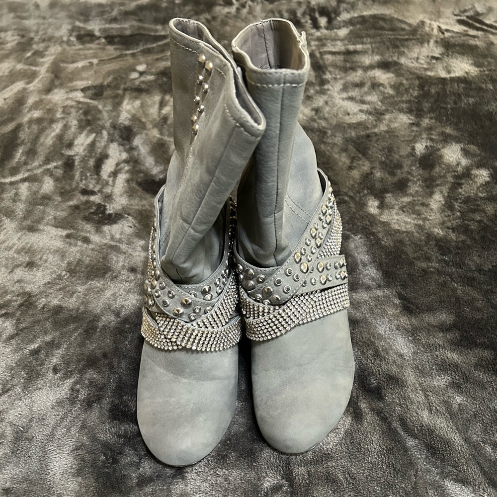 Buckle Gray Embellished Heeled Boots